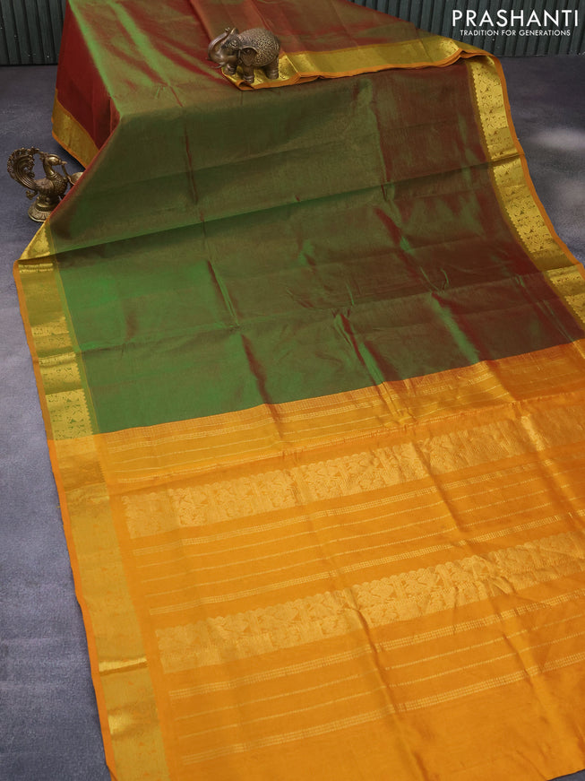 Silk cotton saree dual shade of maroonish green and mustard yellow with allover vairaosi pattern and annam zari wove border