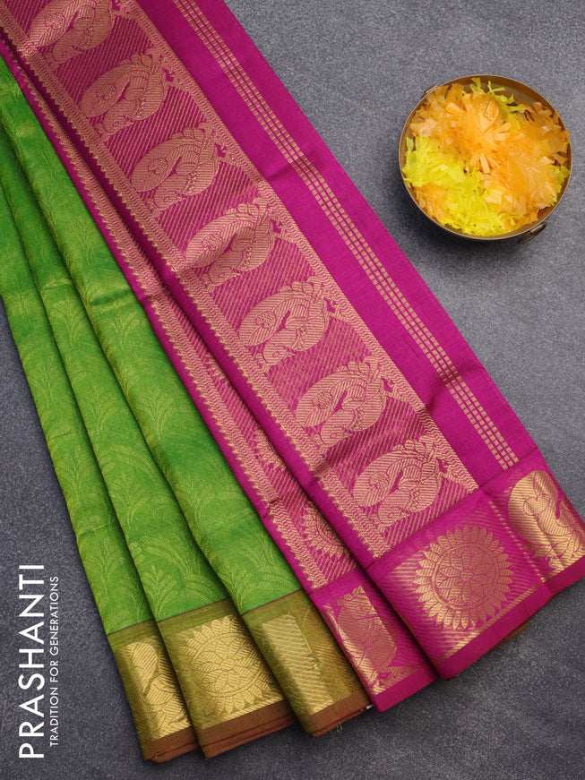 Silk cotton saree light green and pink with allover self emboss jacquard and annam zari wove border