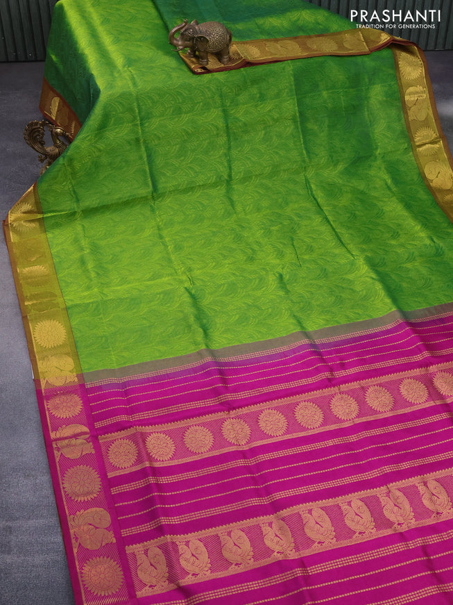 Silk cotton saree light green and pink with allover self emboss jacquard and annam zari wove border