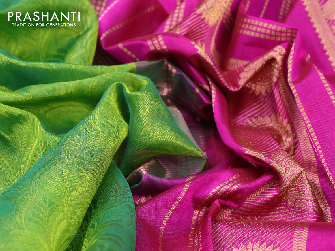 Silk cotton saree light green and pink with allover self emboss jacquard and annam zari wove border