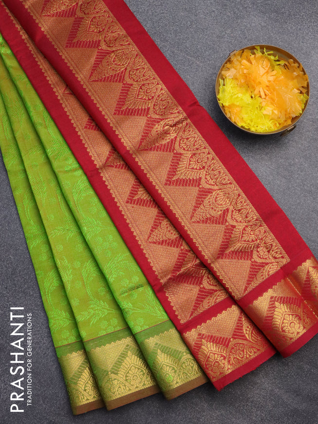 Silk cotton saree light green and maroon with allover self emboss jacquard and zari woven border