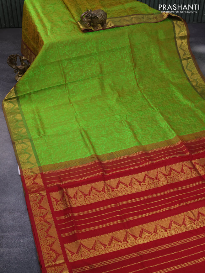 Silk cotton saree light green and maroon with allover self emboss jacquard and zari woven border