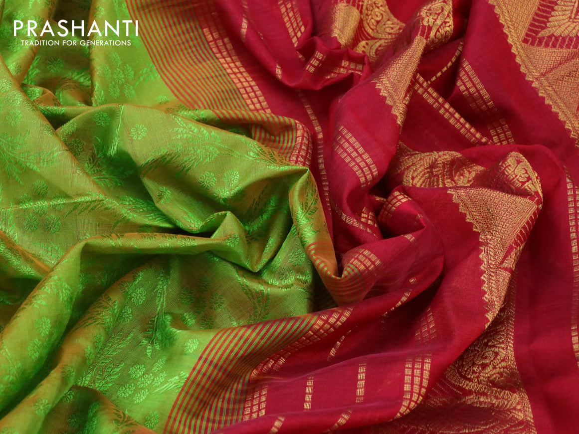 Silk cotton saree light green and maroon with allover self emboss jacquard and zari woven border