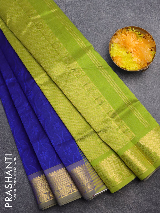 Silk cotton saree blue and light green with allover self emboss jacquard and zari woven border