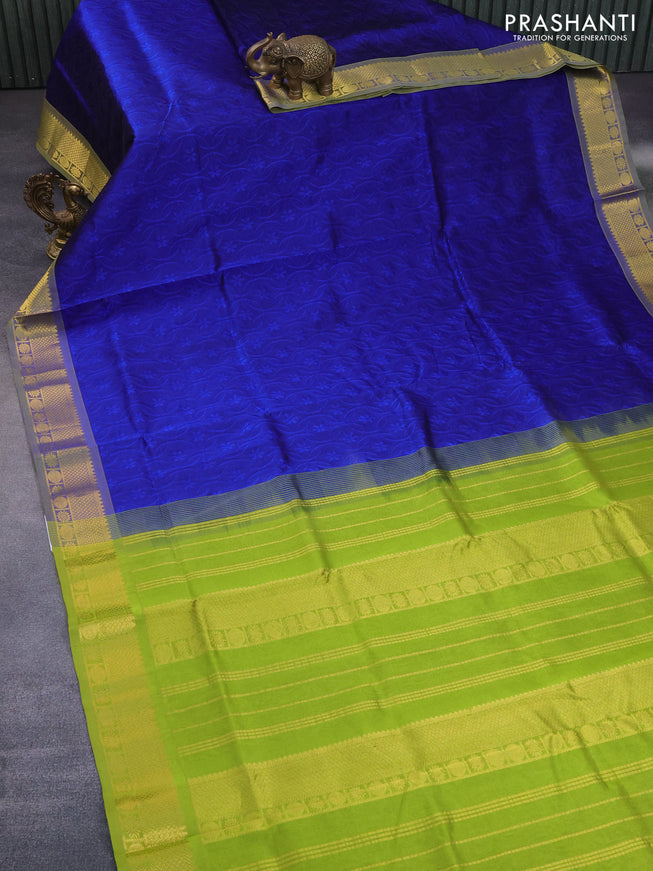 Silk cotton saree blue and light green with allover self emboss jacquard and zari woven border