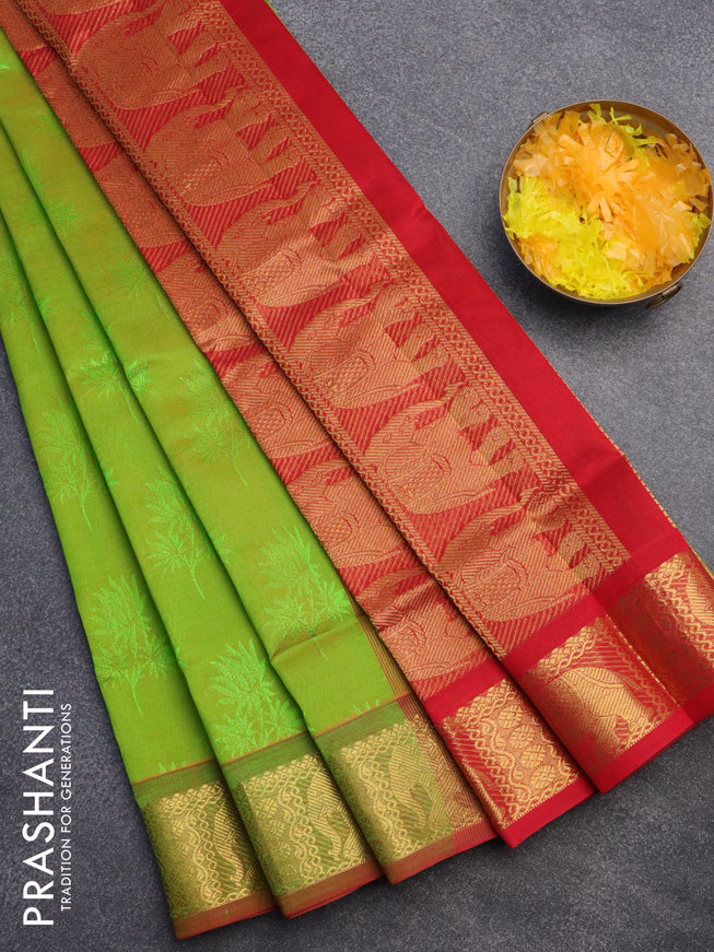 Silk cotton saree light green and red with allover self emboss jacquard and elephant zari woven border