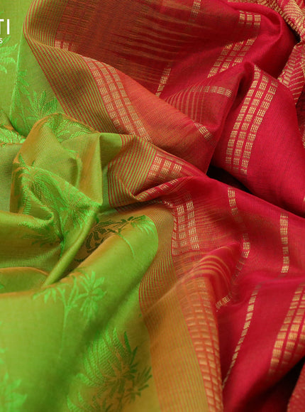 Silk cotton saree light green and red with allover self emboss jacquard and elephant zari woven border