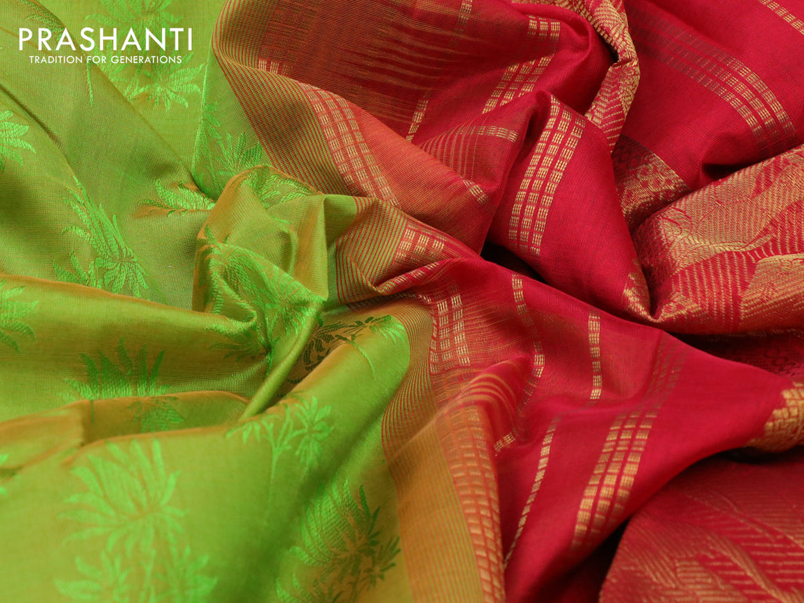 Silk cotton saree light green and red with allover self emboss jacquard and elephant zari woven border