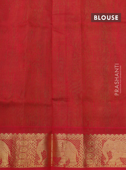 Silk cotton saree light green and red with allover self emboss jacquard and elephant zari woven border