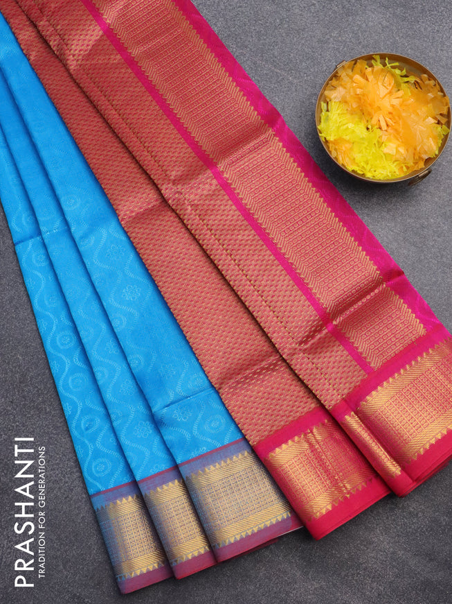 Silk cotton saree light blue and pink with allover self emboss jacquard and zari woven border