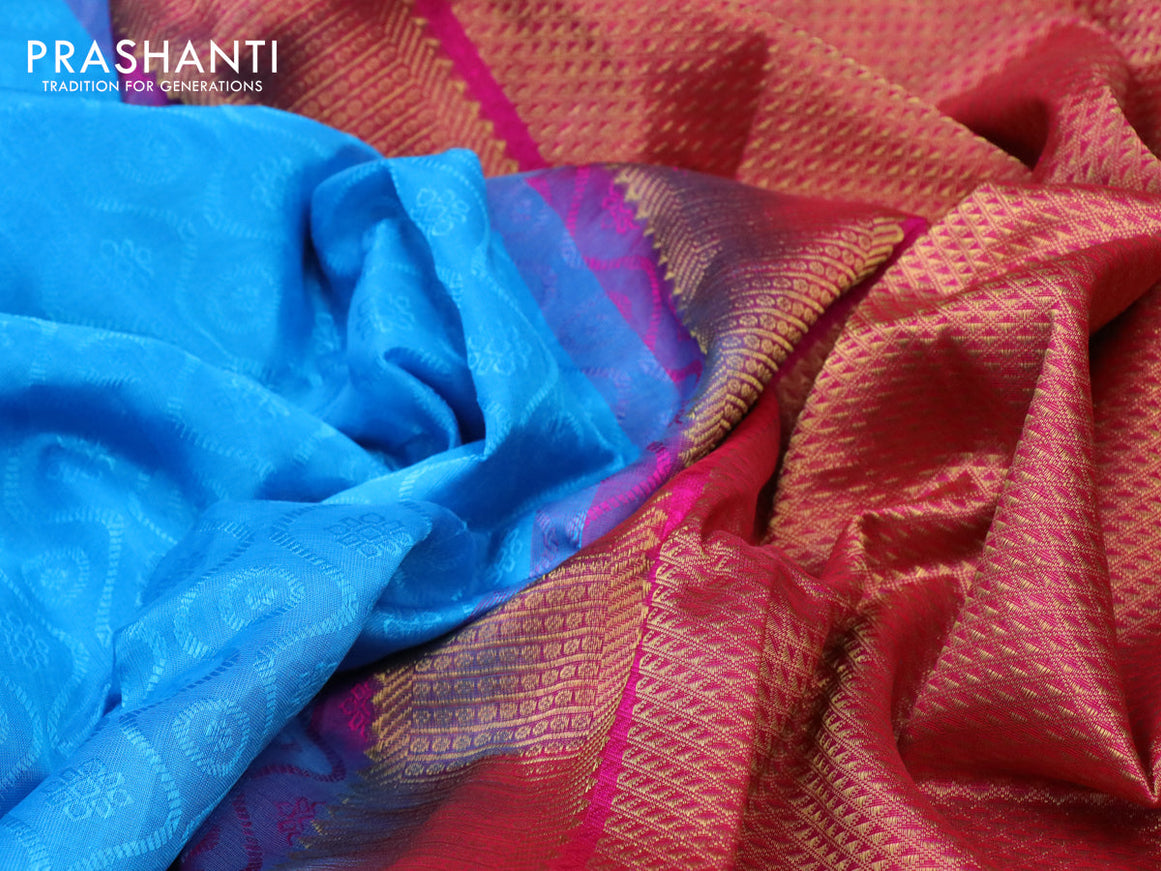 Silk cotton saree light blue and pink with allover self emboss jacquard and zari woven border