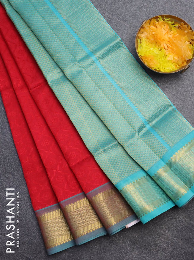 Silk cotton saree red and teal blue with allover self emboss jacquard and zari woven border