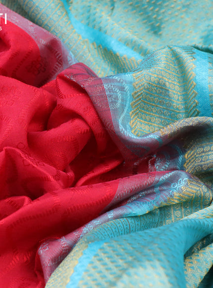 Silk cotton saree red and teal blue with allover self emboss jacquard and zari woven border