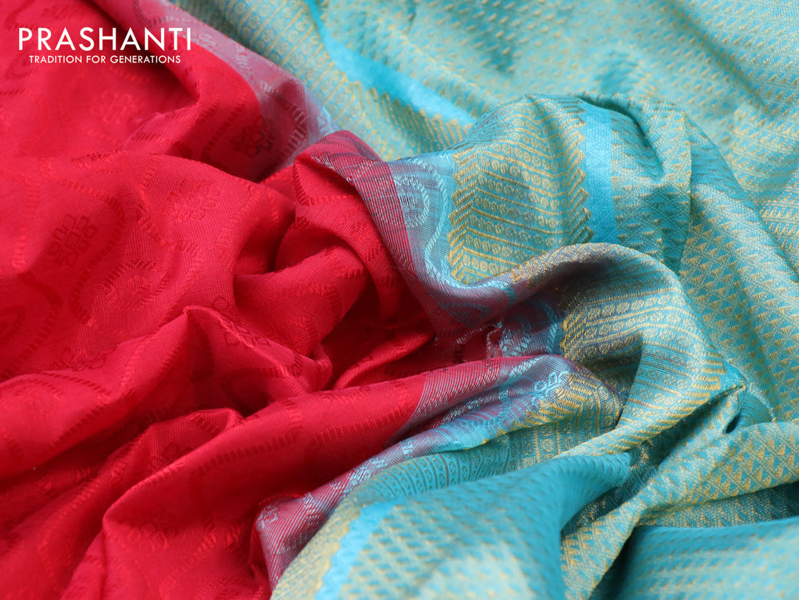 Silk cotton saree red and teal blue with allover self emboss jacquard and zari woven border