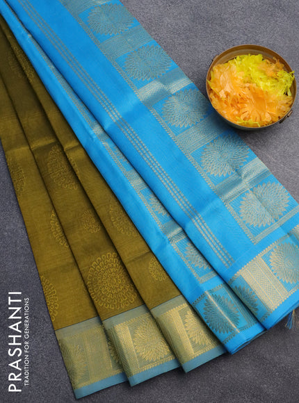 Silk cotton saree mehendi green and blue with allover self emboss jacquard and zari woven border