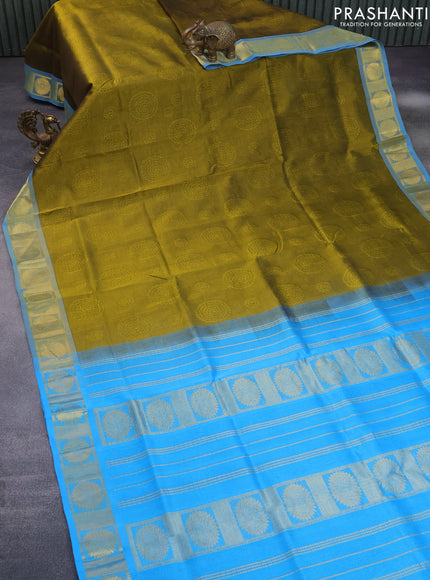 Silk cotton saree mehendi green and blue with allover self emboss jacquard and zari woven border