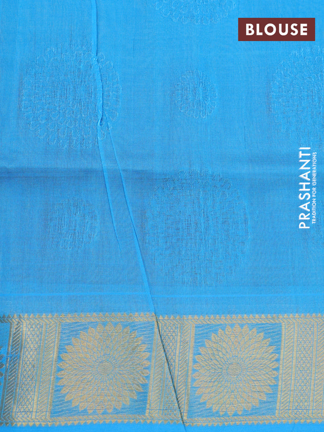 Silk cotton saree mehendi green and blue with allover self emboss jacquard and zari woven border