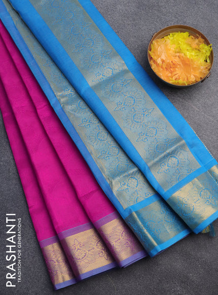 Silk cotton saree pink and blue with allover self emboss jacquard and zari woven border