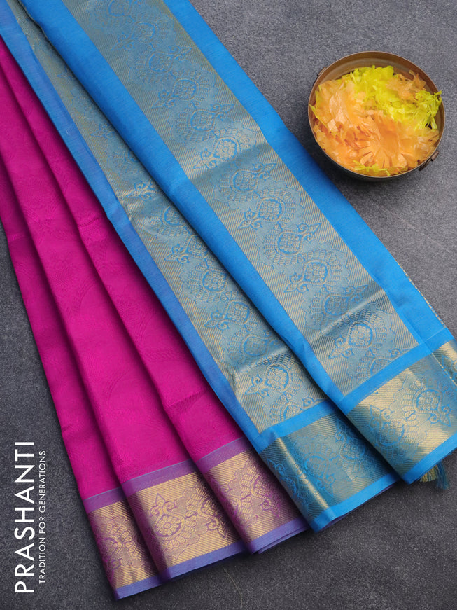 Silk cotton saree pink and blue with allover self emboss jacquard and zari woven border