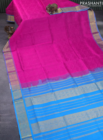 Silk cotton saree pink and blue with allover self emboss jacquard and zari woven border