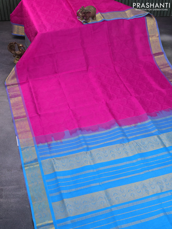 Silk cotton saree pink and blue with allover self emboss jacquard and zari woven border