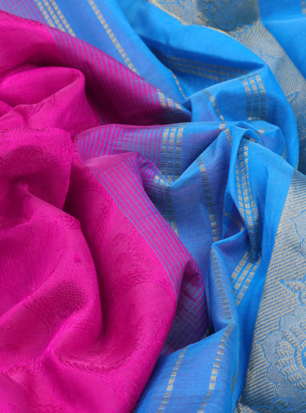 Silk cotton saree pink and blue with allover self emboss jacquard and zari woven border