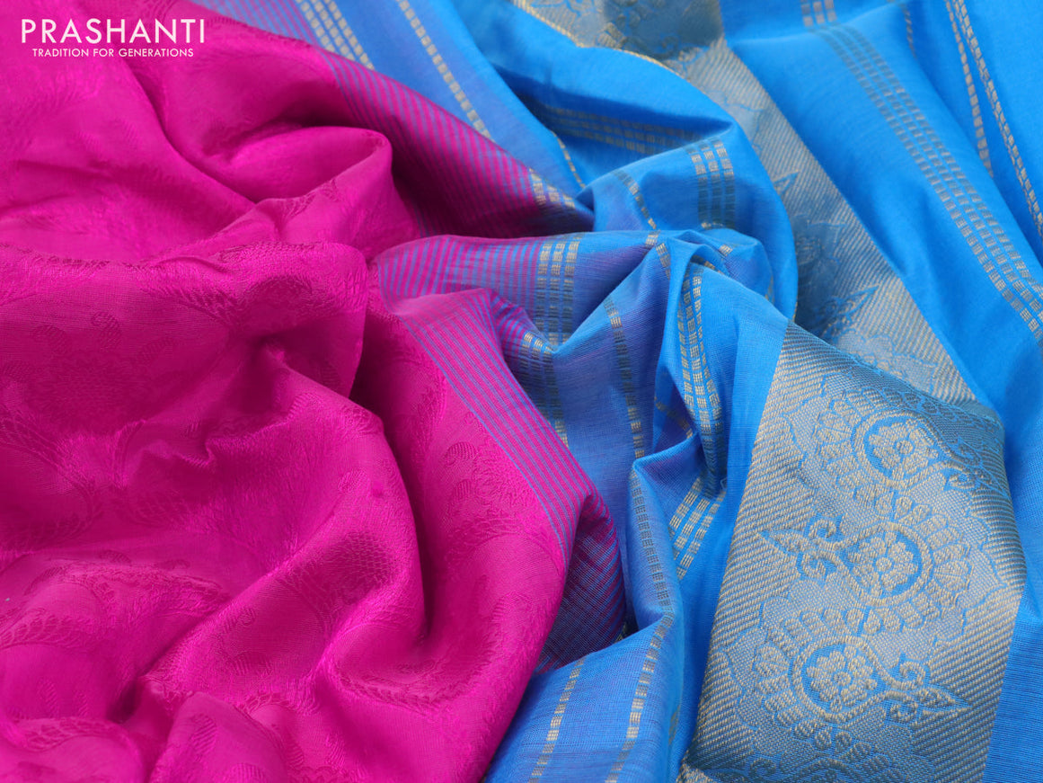 Silk cotton saree pink and blue with allover self emboss jacquard and zari woven border