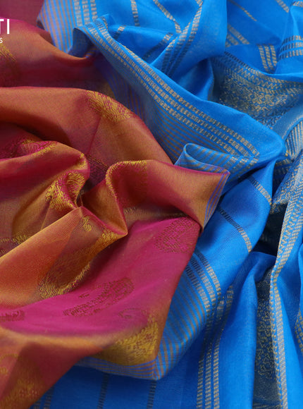 Silk cotton saree dual shade of mustard yellowish pink and cs blue with allover self emboss jacquard and zari woven border