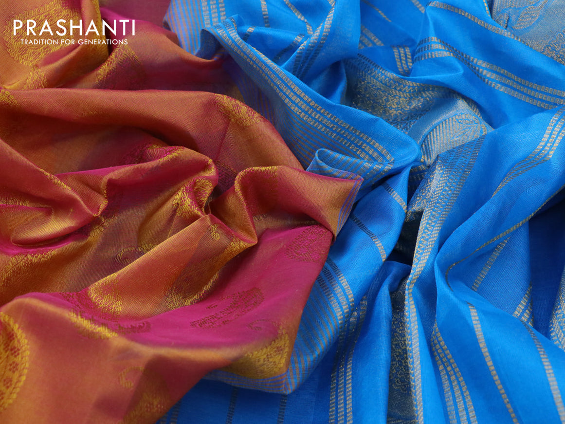 Silk cotton saree dual shade of mustard yellowish pink and cs blue with allover self emboss jacquard and zari woven border