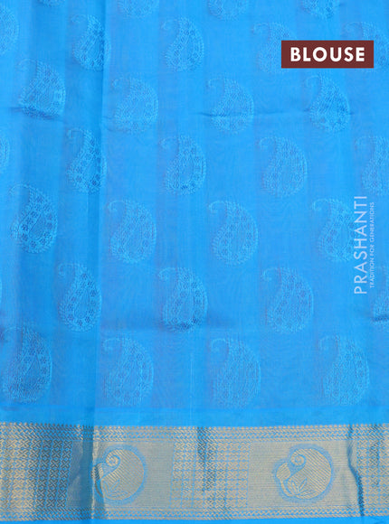 Silk cotton saree dual shade of mustard yellowish pink and cs blue with allover self emboss jacquard and zari woven border