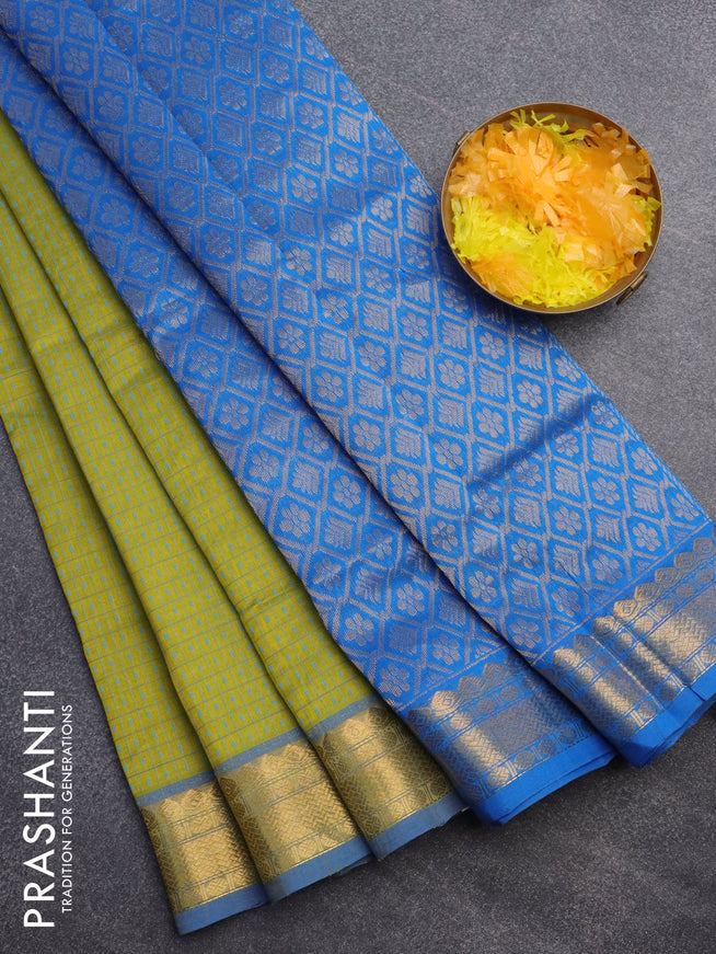 Silk cotton saree lime green and cs blue with allover small thread checks & buttas and zari woven border