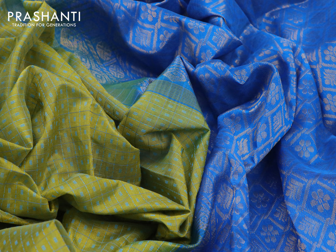 Silk cotton saree lime green and cs blue with allover small thread checks & buttas and zari woven border