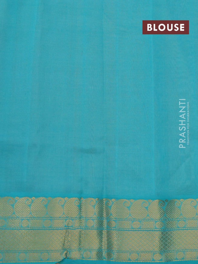 Silk cotton saree sandal and teal blue with rudhraksha zari woven buttas and paisley zari woven border