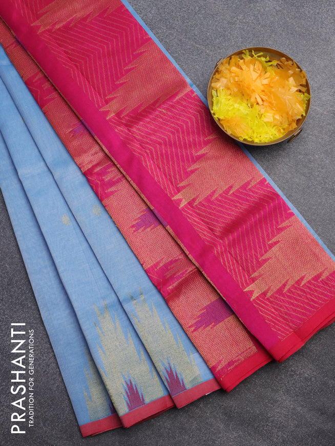 Silk cotton saree light blue shade and pink with zari woven buttas and zari woven temple design border