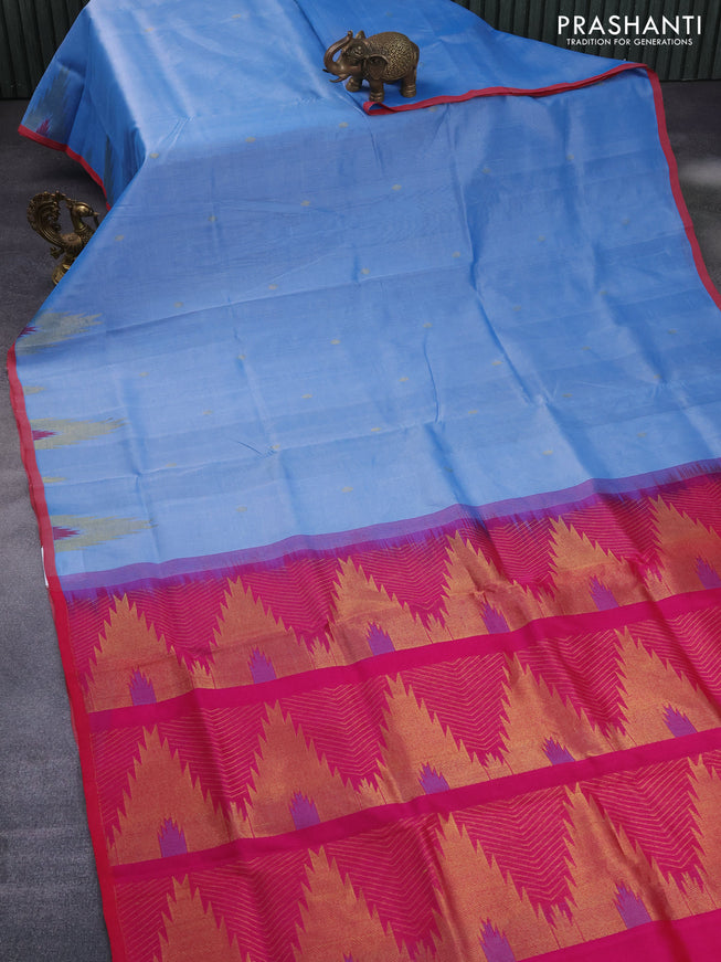 Silk cotton saree light blue shade and pink with zari woven buttas and zari woven temple design border