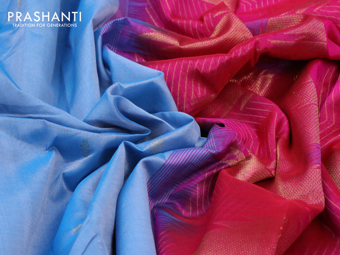 Silk cotton saree light blue shade and pink with zari woven buttas and zari woven temple design border