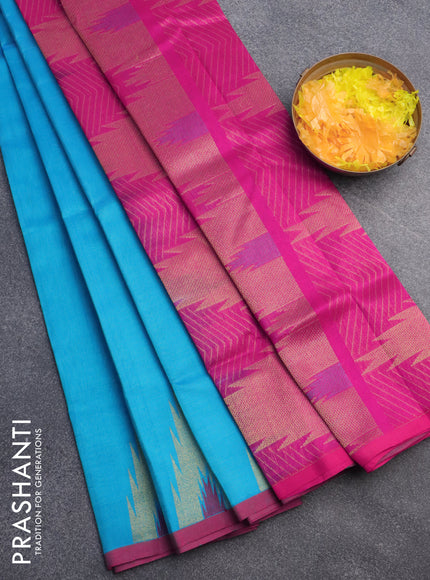 Silk cotton saree blue and pink with zari woven buttas and zari woven temple design border