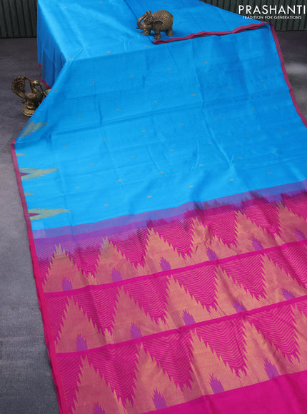 Silk cotton saree blue and pink with zari woven buttas and zari woven temple design border