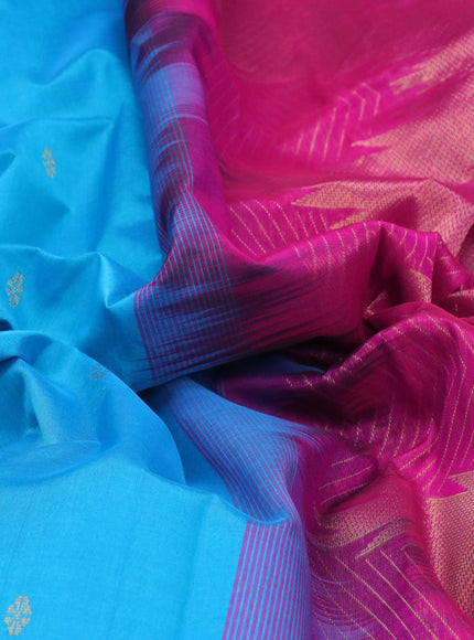 Silk cotton saree blue and pink with zari woven buttas and zari woven temple design border