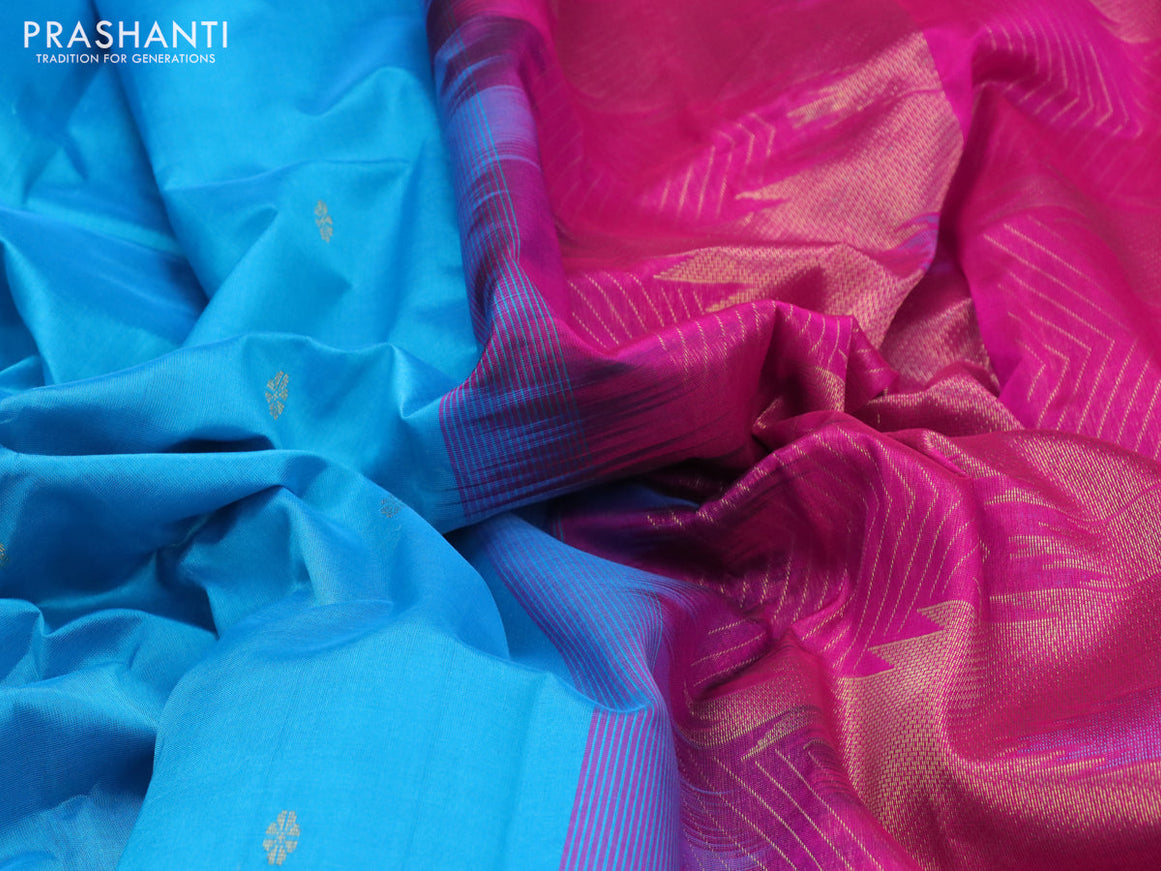 Silk cotton saree blue and pink with zari woven buttas and zari woven temple design border