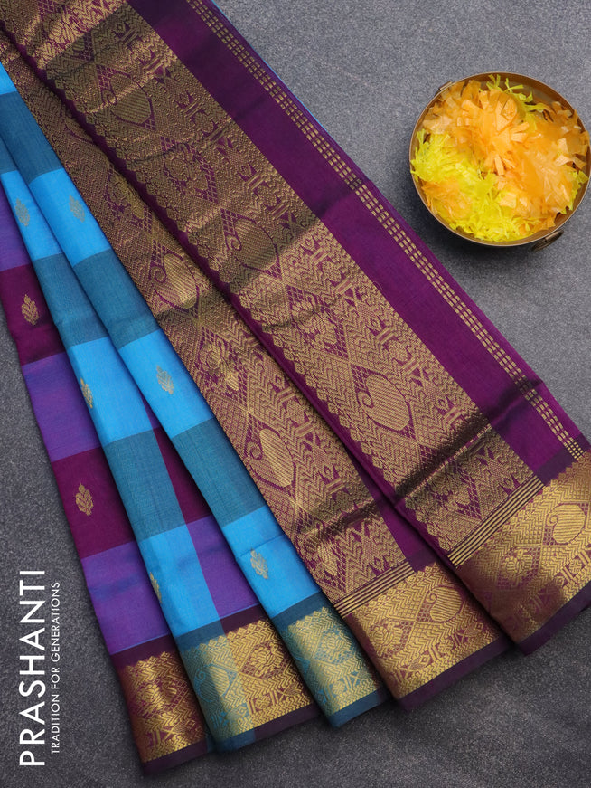 Silk cotton saree multi colour and deep purple with allover paalum pazhamum checks & buttas and zari woven border