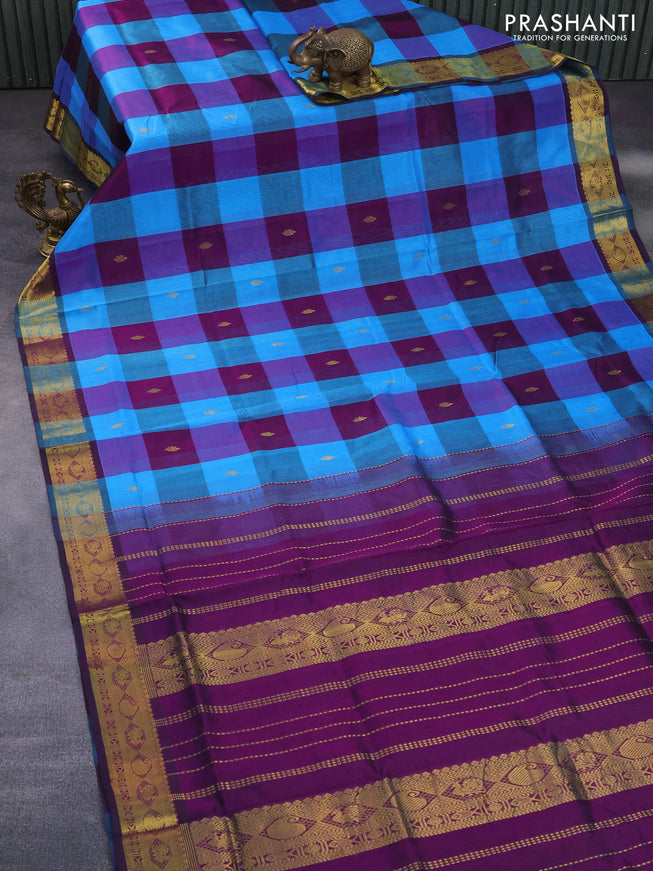 Silk cotton saree multi colour and deep purple with allover paalum pazhamum checks & buttas and zari woven border