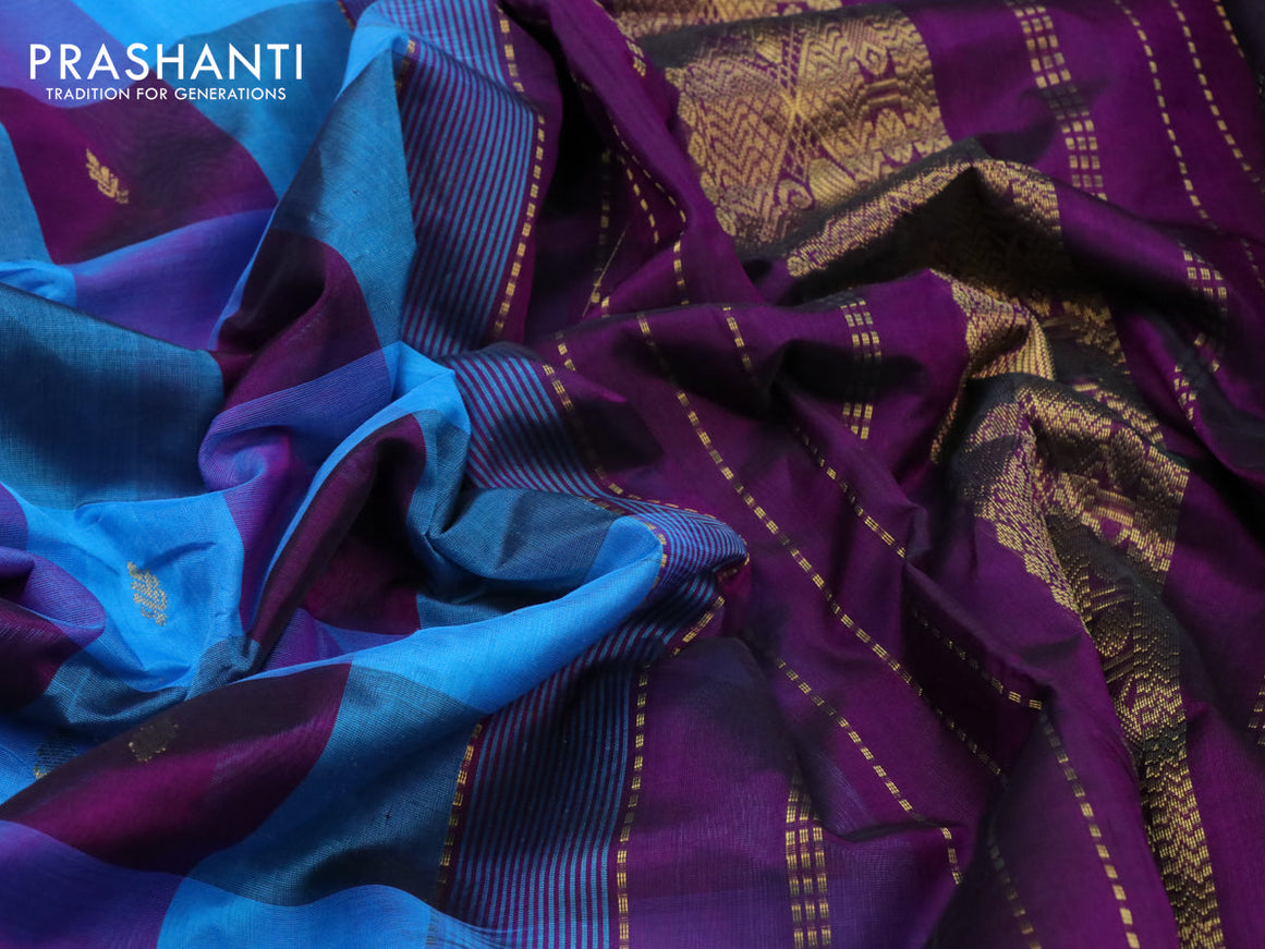 Silk cotton saree multi colour and deep purple with allover paalum pazhamum checks & buttas and zari woven border