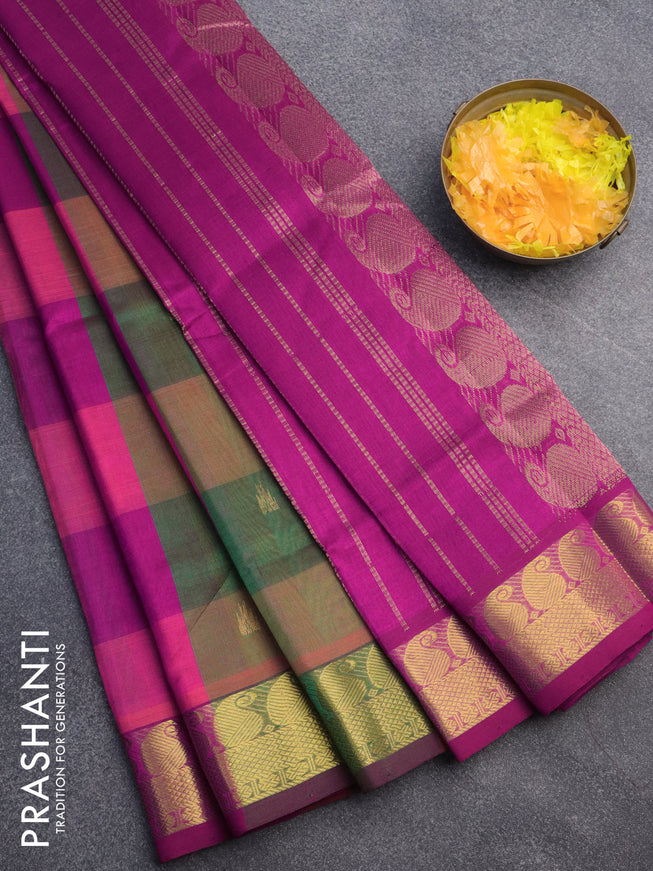 Silk cotton saree multi colour and pink with allover paalum pazhamum checks & buttas and paisley zari woven border