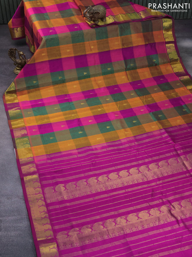 Silk cotton saree multi colour and pink with allover paalum pazhamum checks & buttas and paisley zari woven border