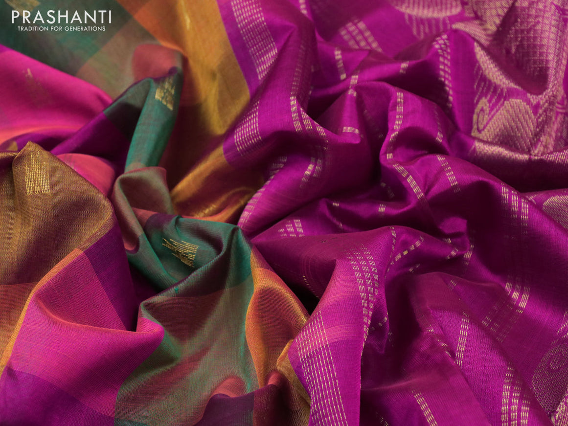 Silk cotton saree multi colour and pink with allover paalum pazhamum checks & buttas and paisley zari woven border