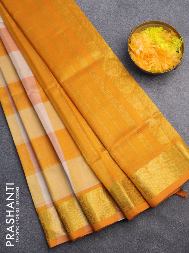 Silk cotton saree off white and mango yellow with allover paalum pazhamum checks & buttas and paisley zari woven border