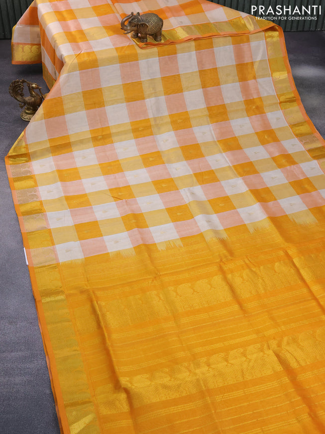 Silk cotton saree off white and mango yellow with allover paalum pazhamum checks & buttas and paisley zari woven border