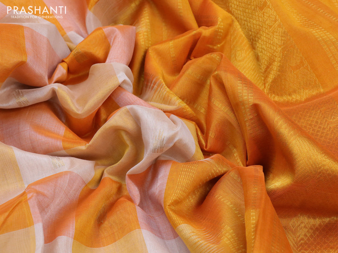 Silk cotton saree off white and mango yellow with allover paalum pazhamum checks & buttas and paisley zari woven border