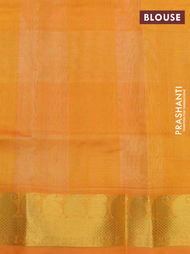 Silk cotton saree off white and mango yellow with allover paalum pazhamum checks & buttas and paisley zari woven border